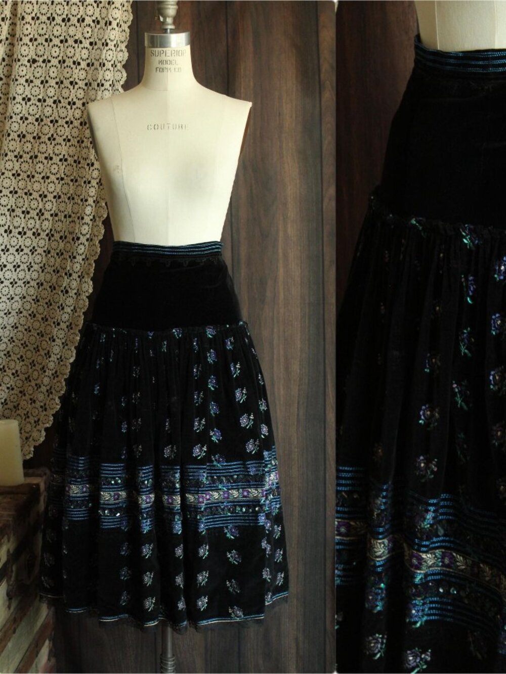 Vintage 1970s Skirt, Volup Black Velvet Folk Midi Dirndl Style, Embroidered Pans